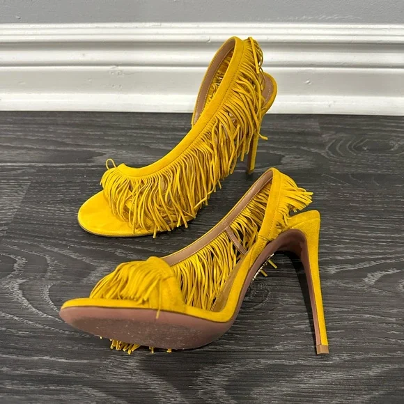 AQUAZZURA Yellow Fringe Designer Heels - Picture 3 of 6